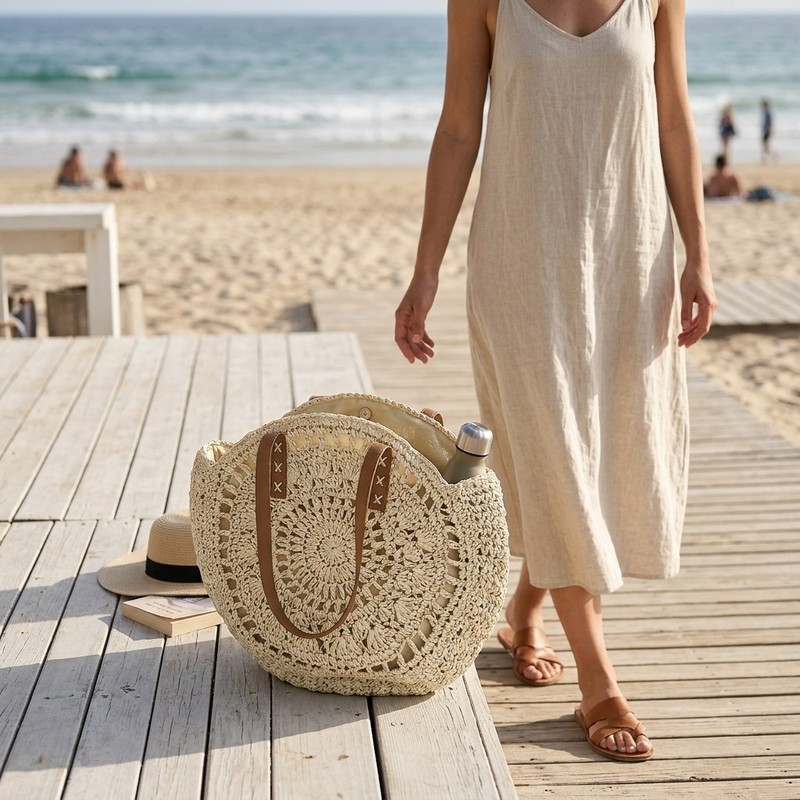 2 Styles Large Round Straw Tote Bag, Fashion Paper Woven Beach Bag