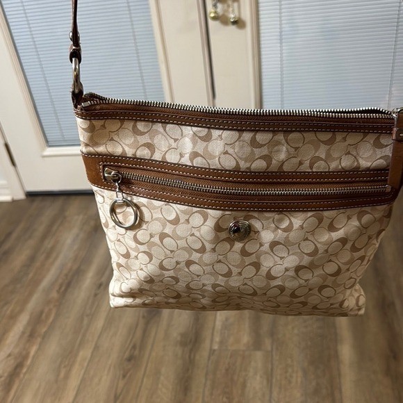 Coach Signature C Monogram Canvas Brown Leather Crossbody Bag Purse
