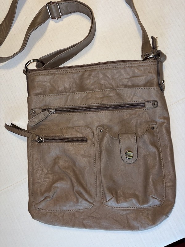 Rosetti Taupe Faux Leather Crossbody Purse Multi Pocket Adjustable Strap Bag gallery