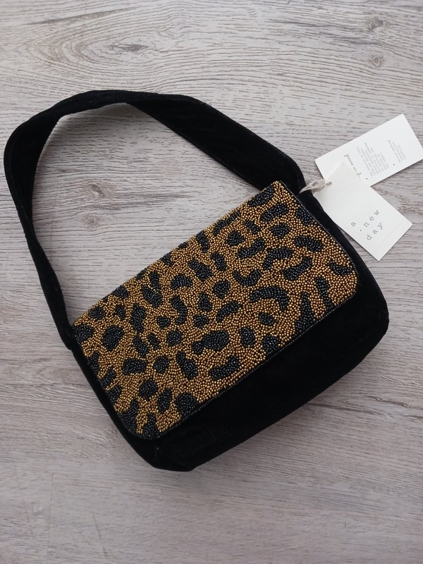 A New Day Black Velvet Beaded Leopard Shoulder Bag Purse NWT