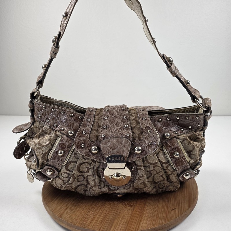 VTG Y2K Guess Shoulder Bag Womens Brown Logo Canvas Studded Turn Lock Purse