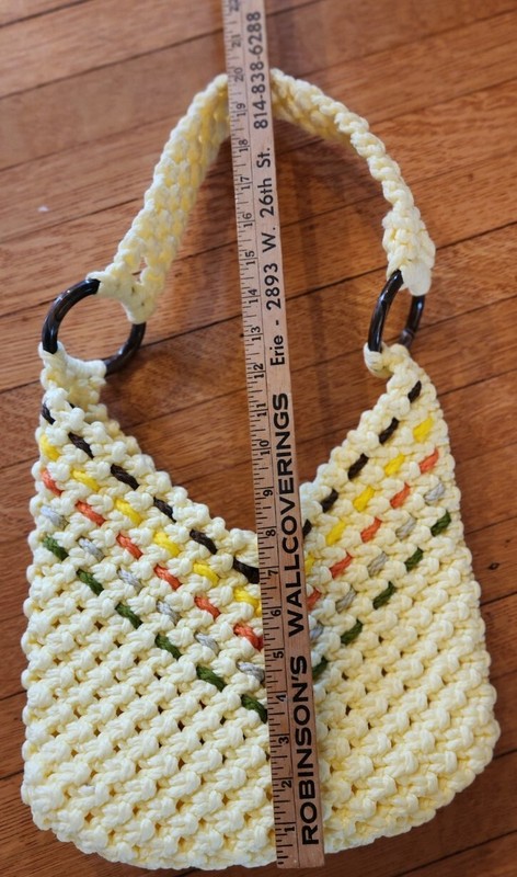 VTG Hand Made Woven Yellow Macramé Boho Hippie Chic Double Round Rings Bag Purse gallery