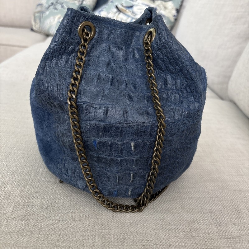 Bucket Bag Textured Suede Heavy Brass Tone Chain Snap Top 7.5” Dark Blue gallery