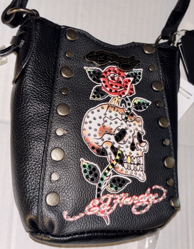 Viral Ed Hardy Black Bling Studded Crossbody Pouch Bag Skull Rose