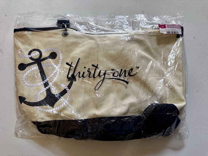 New Thirty One Canvas Crew Thermal Tote Large Natural w/Navy Anchor