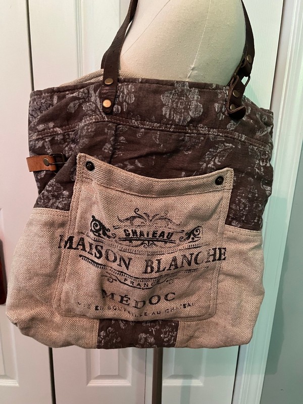 Myra Large Upcycled Maison Blanche Burlap, Canvas Bag Lined, Leather India NICE