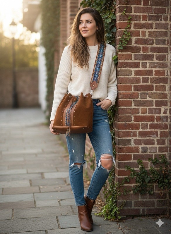 Brown Shoulder Bag Women Bucket Patterned Strap Studs Tassel Drawstring Bohemian