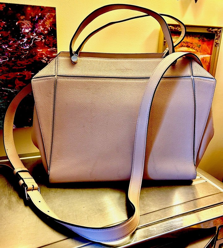 Henri Bendel Beige Pebbled Satchel Top Handle Zip Bag Detachable Strap Gold