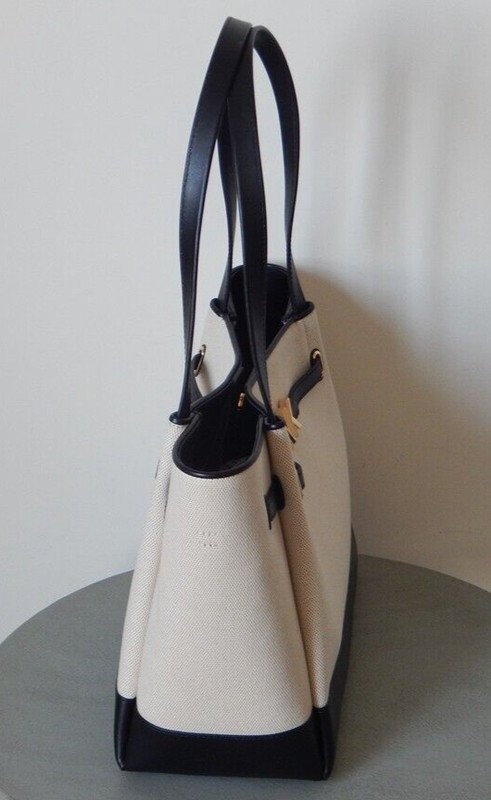 Michael Kors REED Canvas Large Belted Tote Shoulder Bag Black / Pale Beige NWT gallery