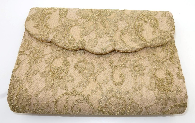 RENE MANCINI PARIS One-of-a-Kind Golden Lace Evening Bag Clutch Purse 8 3/8″W