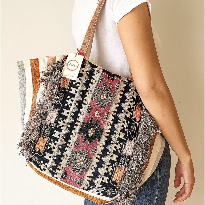 Raga Bonita Boho Stateo Tote Bag Fringe Tribal Print Oversized Shoulder Purse