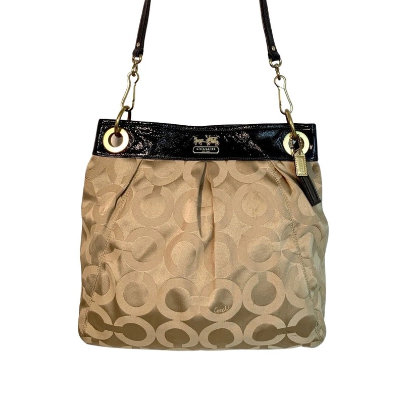 Coach Madison Large Op Art Sateen Hippie Bag Beige Jacard Brown Patent Leather