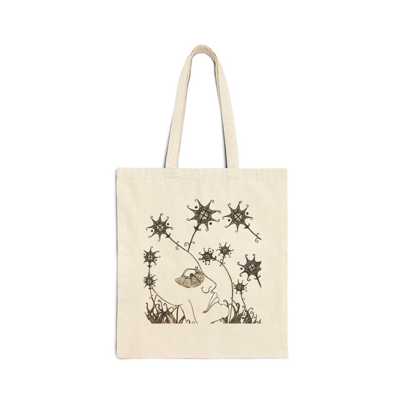 dreamcycle, sunflower canvas bag, original art, folk fantasy nature