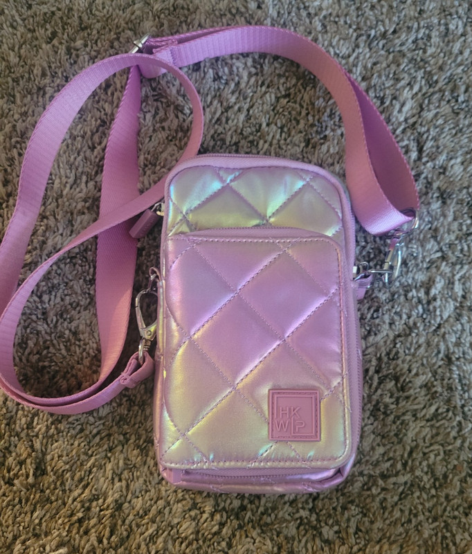 HKWP Pink Iridescent Quilted Crossbody Bag Logo Patch Zip Closure Women