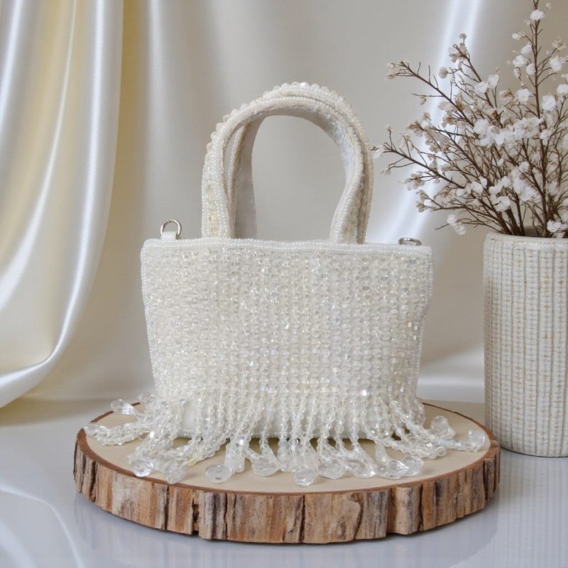 Crystal Beaded Evening Clutch Mini Tote Bag with Sling Chain Elegant Handbag