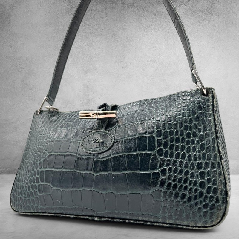 LONGCHAMP ROSEAU CROC SHOULDER BAG GREEN 2784 Leather Handbag Authentic