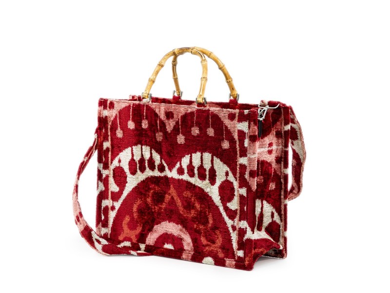 Handmade Silk Velvet Ikat Bamboo Handle Handbag Crimson – Festive Evening Luxury