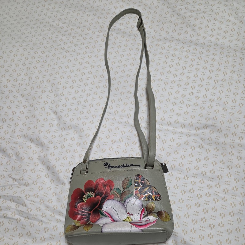 Anuschka Hand Painted Leather Crossbody Handbag ~~ Flowers & Buterfly
