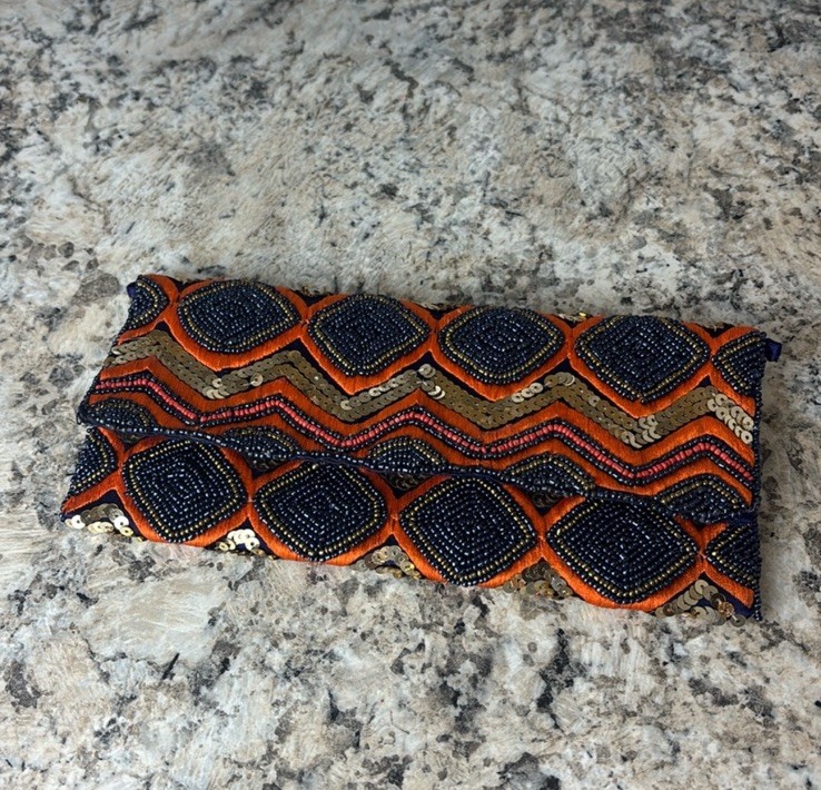 Antik Kraft Orange Purple Beaded Crossbody Clutch *missing strap*