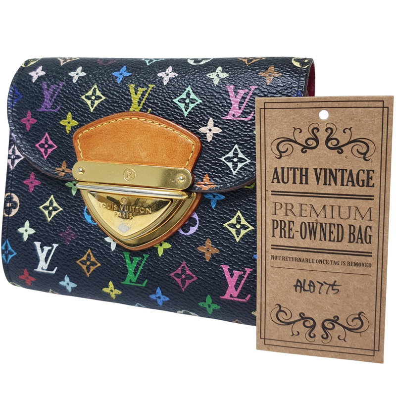 Auth Louis Vuitton Monogram Multi Black Portefeuille Joy M60282 Initials ALA775