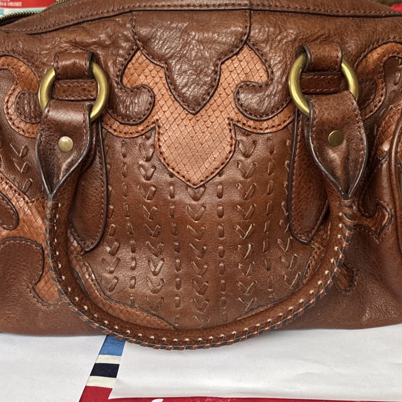 Lockheart Brown Distressed Embossed Satchel Top Handle Zip Gold Hardware Charm