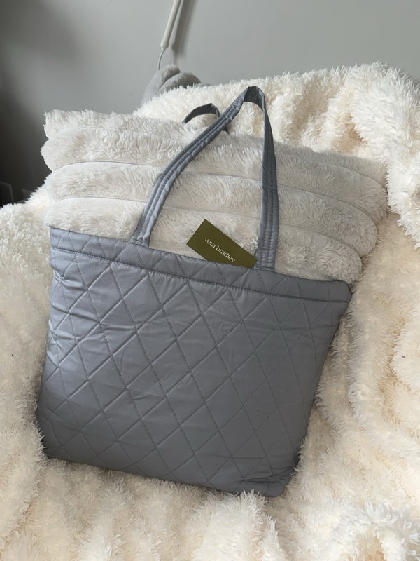 Vera Bradley Quilted Gray Tote Bag, Zip Top, Inner Pockets, Floral Lining