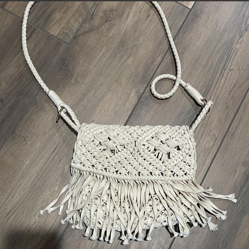 Ivory Braided Fringe Crossbody Bag, Magnetic Closure, Gold Hardware, Lined