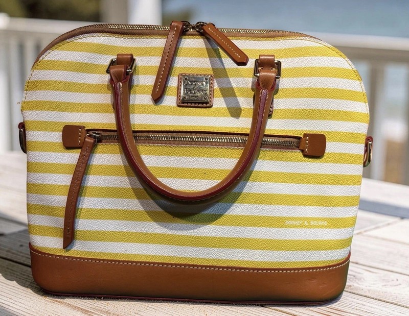 Dooney Bourke Sullivan Stripes Yellow White Zip Around Domed Satchel Bag Purse gallery