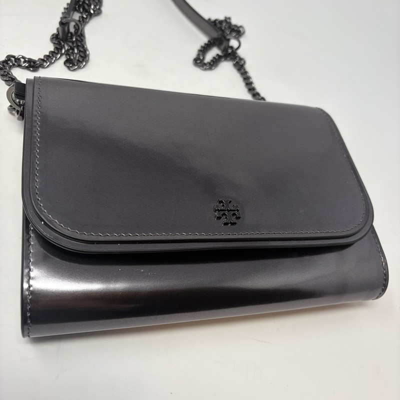Tory Burch Emerson Patent Chain Wallet Gunmetal Metallic Crossbody