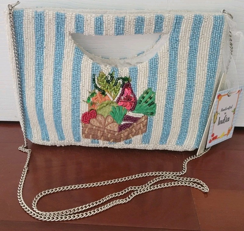 Made In India Viral Veggie Striped Beaded Clutch Bag Crossbody NWT