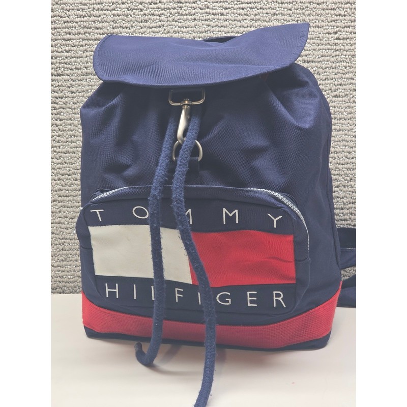 Tommy Hilfiger Vintage Navy Blue Canvas Logo Drawstring Backpack Bag Retro 90s