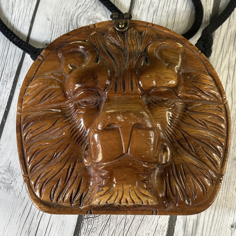Timmy Woods Beverly Hills Hand-Carved Acacia Wood Lion Head Handbag.