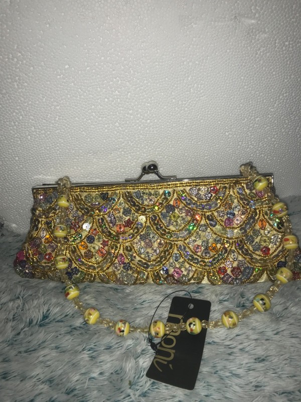 Satin beaded handbag with 2 strap options beaded or silver chain.