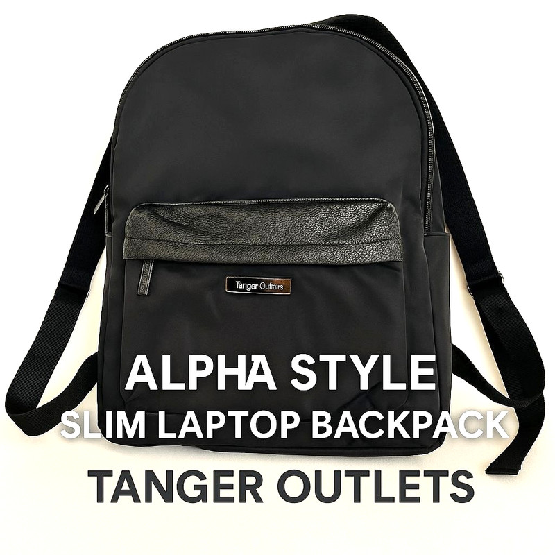Tanger Outlets Black Backpack – Alpha Style Slim Laptop Bag – Nylon Faux Leather