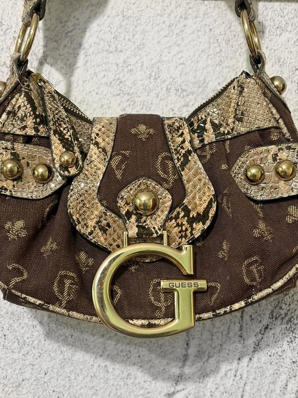 Vintage GUESS Y2K Brown Monogram Snake Print Shoulder Bag Large G Logo gallery