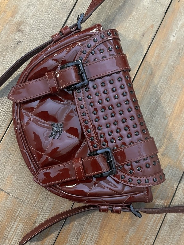 Burberry Burgundy Patent Quilted Studded Crescent Crossbody Zip Detachable