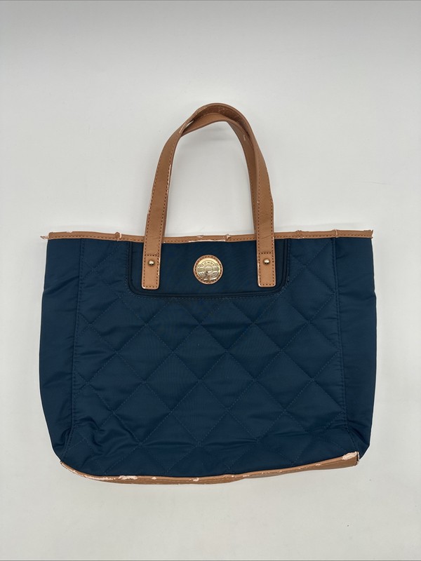 Tommy Hilfiger Quilted Purse Navy Blue & Tan Costal Classic Logo Snap & Zip Used