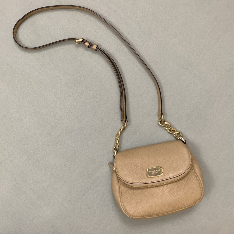 Michael Kors Crossbody Beige Pebbled Leather Foldover Zip Gold Tone Chain Bag