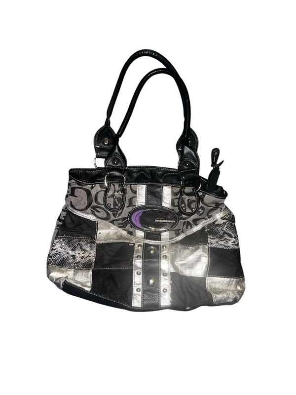Black Silver Purple Satchel Top Handle Bag w/ Double Handles, Zip & Buckle