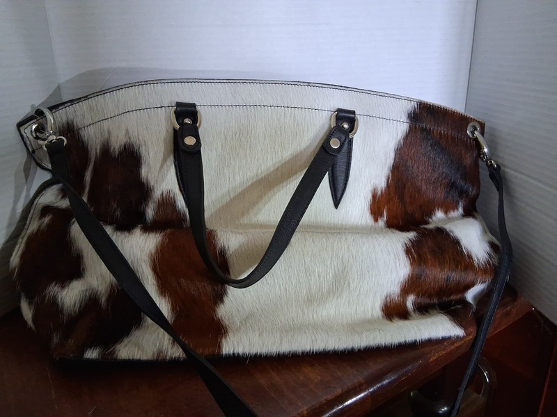 Pulicati Cream and Brown Ponyhair Leather HandbagW/ Crossbody Strap