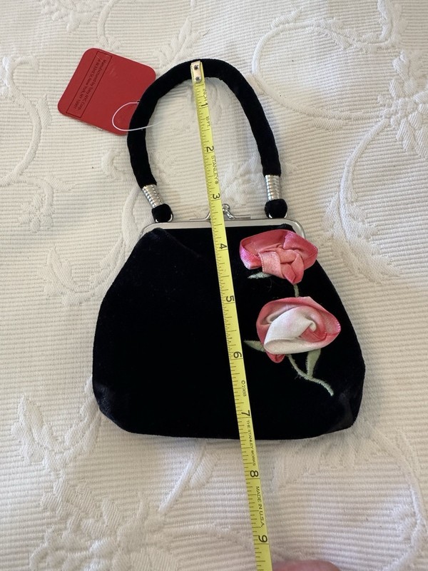 Toby N.Y.C. Girl's Black Velvet Handbag Purse Embroidered & Ribbon Pink Flowers gallery