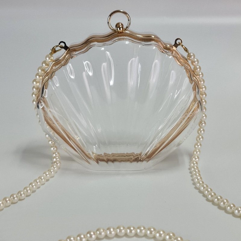 Clear Acrylic Shell Clutch Pearl Strap Wedding Bridal Evening Bag Prom Purse