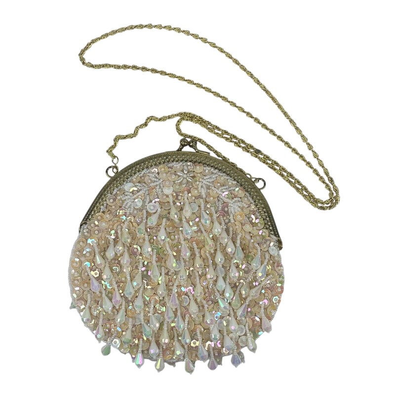Vintage Iridescent Teardrop Beaded Shoulder/Crossbody Bag Golden Crown 6.5 in