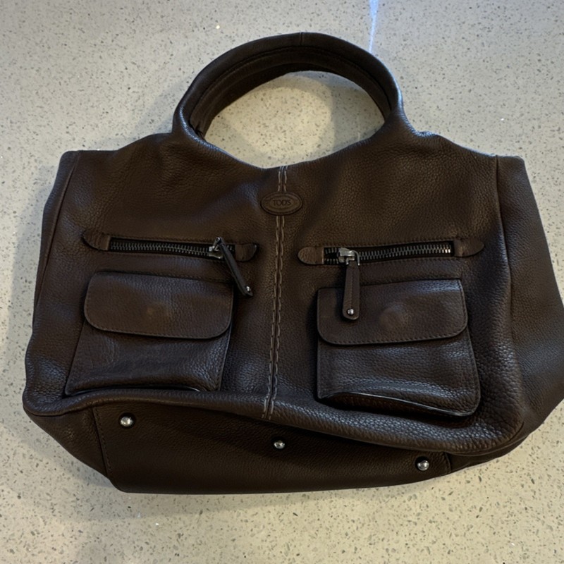 Tod’s Brown Pebbled Leather Shoulder Bag Double Handles Zip Button Inner Pockets