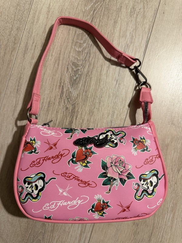 Ed Hardy Pink Women’s Shoulder Bag Tattoo Graphic Logo Heart Rose Skull