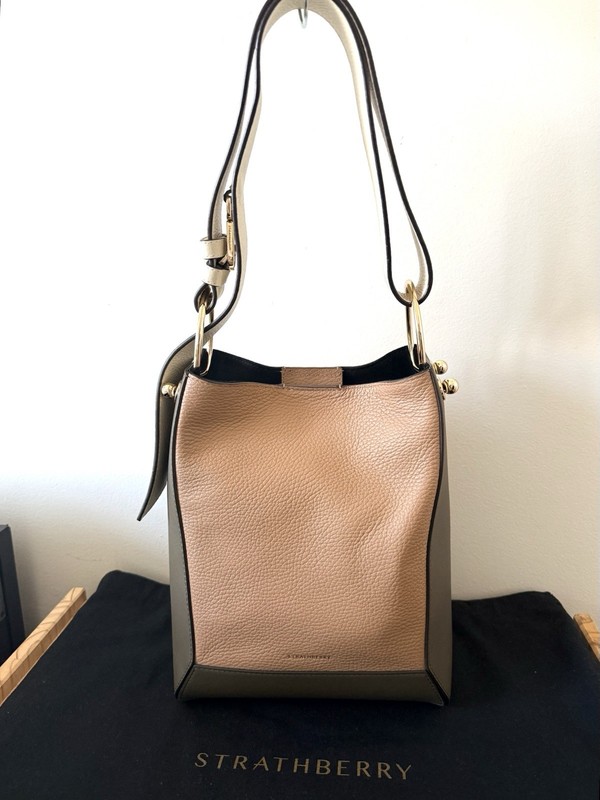 Strathberry Lana Midi Bucket Bag Tricolor Khaki/Caramel/Diamond Tags Attached gallery