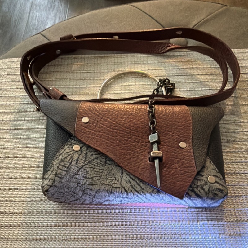 Aleja Avila Shoulder Bag Brown Gray Black Metal Ring Stud Accents Certificate