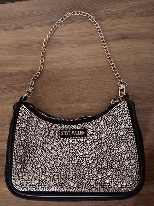 Steve Madden Black Rhinestone Shoulder Bag Silver Chain Strap Zip Closure