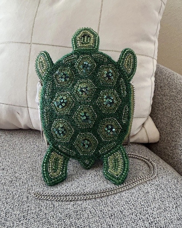 New! Green Turtle Shaped Beaded Crossbody Bag Purse Viral Hancrafted in India