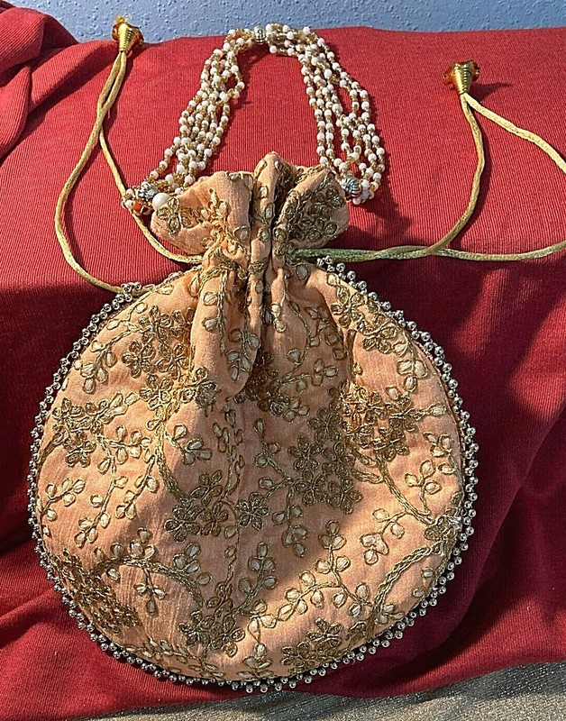 ORANGE COTTON POLTI BAG-India Handmade Gota Embroidered-Beaded Drawstring-NEW gallery
